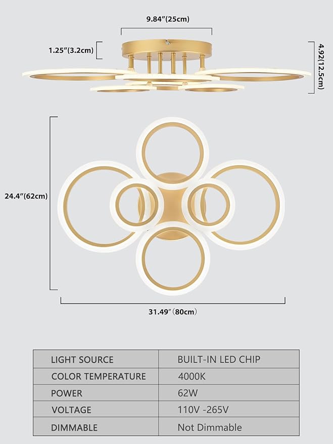 Vikaey Modern LED Flush Mount Ceiling Light, 6 Rings Gold Close to Ceiling Light Fixtures, Living Room Lighting Fixture Ceiling Lamp for Kitchen, Bedroom, Laundry Room, 4000K Not Dimmable