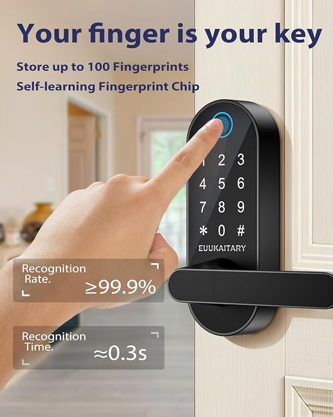 Fingerprint Door Lock, Keyless Entry Door Lock, Smart Lock with Handle for Front Door and Bedroom, WiFi Remote Control, Electronic Digital Keypad with Knob, Auto-Lock