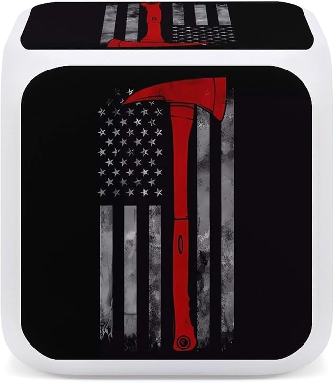 Firefighter Axe Red Line Flag Alarm Clock,Digital Temperature Display Color-Changing Alarm Clock LED Display Screen Mini Clocks for Office Living Room Bedroom