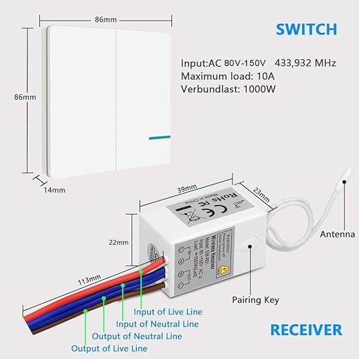 Wireless Lights Switch Kit, Thinkbee 2 Gang Wall Switch with Mini Receiver, Outdoor 600M, Indoor 50M Remote Control Ceiling Lamp LED Bulb IP66 Waterproof