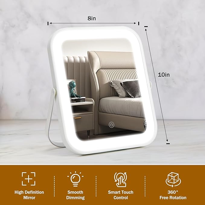 Rechargeable Vanity Mirror with Lights, 10"×8" Makeup Mirror with Lights, 1500mAH Battery, Smart Touch with 3-Color Lighting, Dimmable, HD Desk Mirror, Women Gift, Travel Essentials (White)