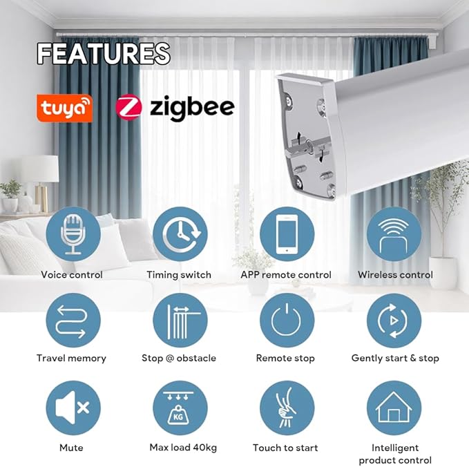 ZigBee 3.0 Smart Curtain Motor with Ripple Fold Track, Mini Silent Electric Drapery System, 1.2N.m App Voice Control Compatible with Alexa & Google Home (7 meters (275.6 inches))