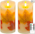 Flameless Candles Light, Set of 2 6"x3" Maple Leaf Flickering LED Candles with Remote & Timer, Dimmable Electric Pillar Candles Battery Operated, Fall Candles for Thanksgiving Harvest Autumn Decor