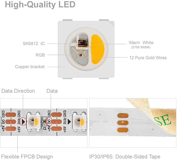 BTF-LIGHTING RGBW RGB+Warm White SK6812 (Similar WS2812B) 4 Colors in 1 LED Strip Individually Addressable 16.4ft 60Pixel/m 300LED Light Dream Color IP65 DC5V White PCB (No Adapter or Controller)