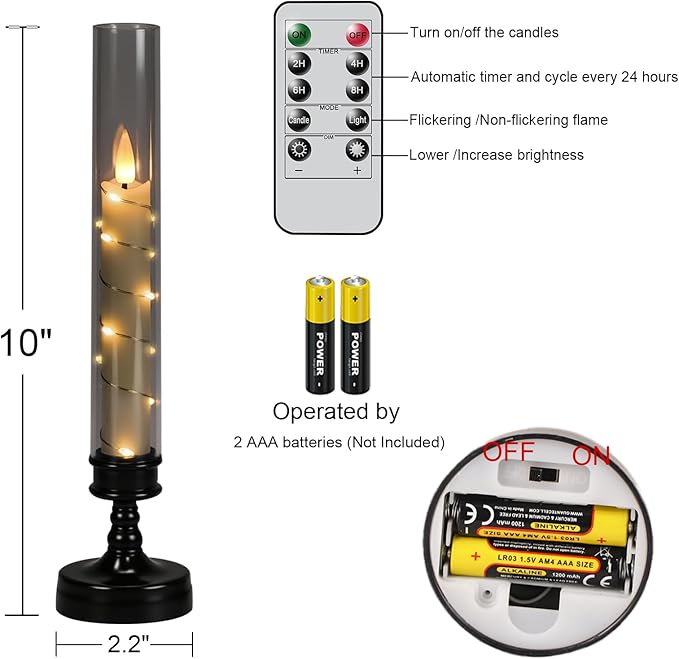 GenSwin Halloween Flameless Taper Candles with Remote and String Lights, Black Halloween Flameless Candles Battery Operated, 2 Pcs LED Flickering Candlesticks for Home Window Table Decor(D2.2”xH10”)