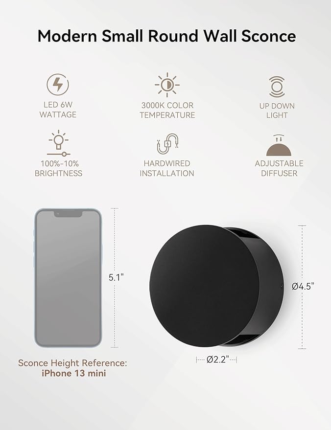 Tubicen Wall Sconce Black Round Wall Lights Beam-Adjustable LED Dimmable Movie Theater Bedroom Sconce Lighting Up Down Hardwired Indoor Small Wall Lights for Living Room Hallway Stairway 6W 3000K