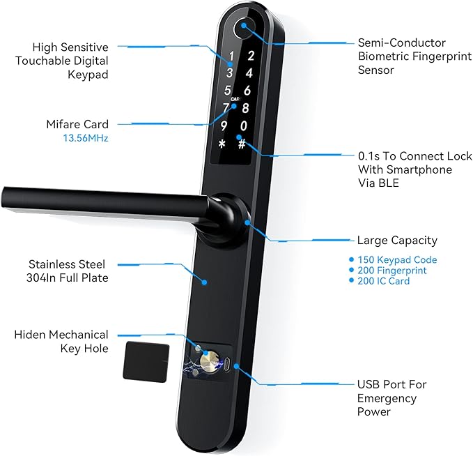 Luston Slim Smart Lock Front Door Stainless Steel Waterproof Mortise Lock,Keyless Entry Door Lock,WiFi Bluetooth Fingerprint Digital Keypad Aluminum Swing Door Lock with Handle(Black)