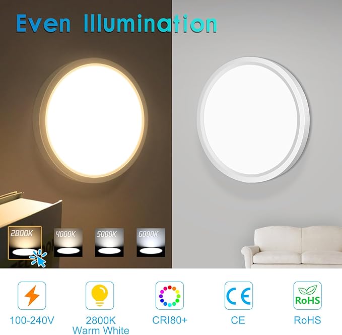 LightingWill 7 Inch LED Flush Mount Ceiling Light Fixture, 2800K Warm White, 1500LM, 12W, Flat Modern Round Lighting Fixture, 120W Equivalent White Ceiling Lamp for Kitchens, Bedrooms.etc.