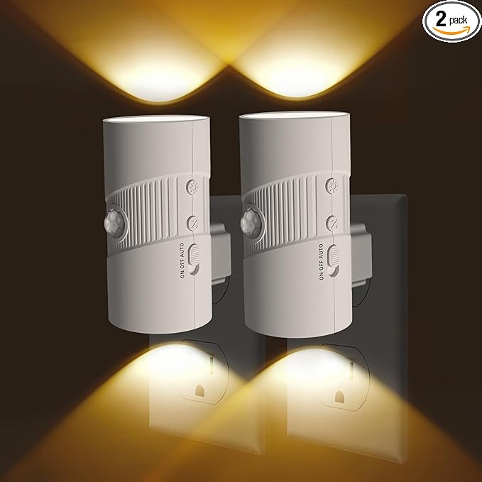 Plug in Night Light Motion Sensor, Dimmable LED Nightlight 2 Pack with 3 Color Modes, 4-Level Brightness, Dusk to Dawn Sensor, Ultra Slim Wall Lighting for Hallway Bathroom Bedroom Stairs Nursery
