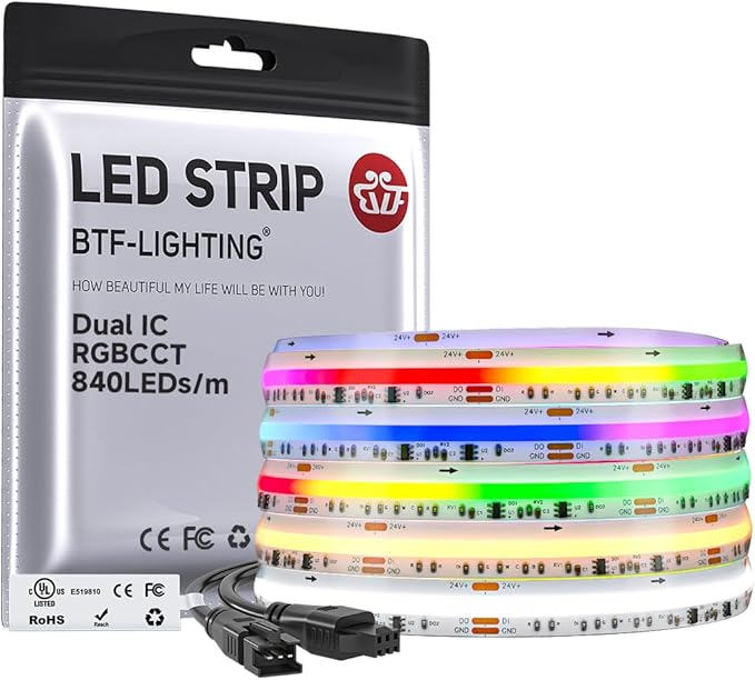 BTF-LIGHTING WS2811 Dual IC RGBCCT FCOB COB LED Strip,UL Listed High Density Chasing IC RGB Light+Tunable White 3000K-6000K,16.4FT 840LEDs/m,10mm Width IP66 DC24V 3M Tape(No Adapter or Controller)