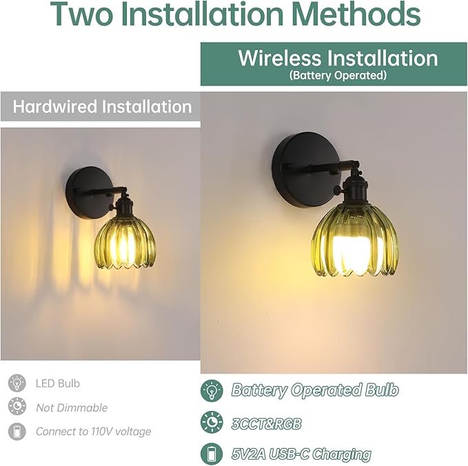 Vintage Battery Operated Wall Sconce with Green Tulip Glass Lampshade Rechargeable Battery Powered Black Wall Light with Remote Control for Bedside Bedroom Doorway