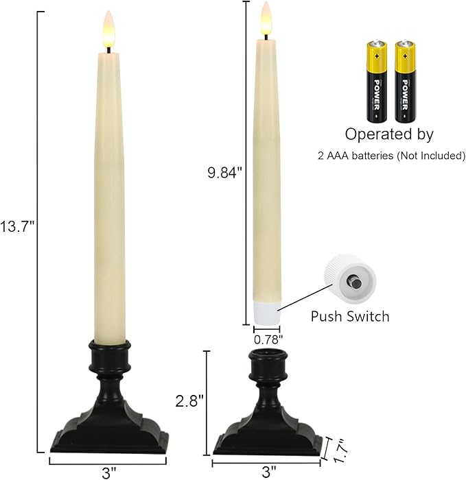 GenSwin Christmas Window Candles with Remote Timer, 3 Pcs Battery Operated Window Candles, Real Wax LED Flameless Taper Candle with Black Flameless Candlesticks for Home Decor(Ivory)