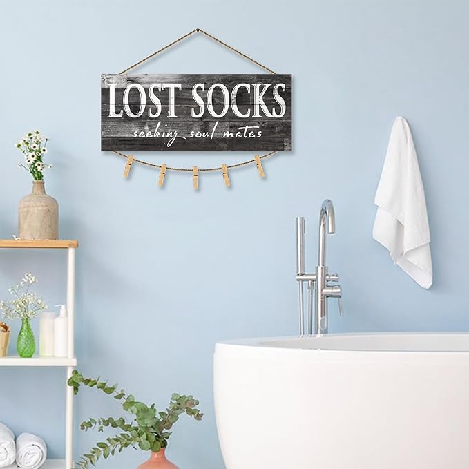 1 KINGO Laundry Lost Socks Rustic Sign Wall Decor for Washroom, Farmhouse Black Lost Socks Seeking Soul Mates Canvas Print Art, Rustic Plaque Bathroom Decoration 6" x 15"