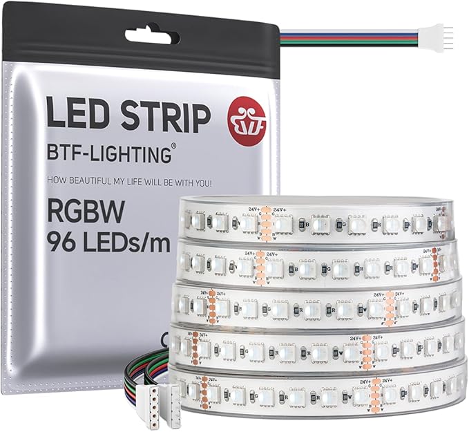 BTF-LIGHTING 5050 RGBW RGB+Cool White(6000K-7000K) 4 Colors in 1 LED 5m 16.4ft 96LED/m DC24V Multi-Colored LED Tape Lights IP67 Waterproof Wihte 14mm PCB for Home Decoration(No Adapter or Controller)