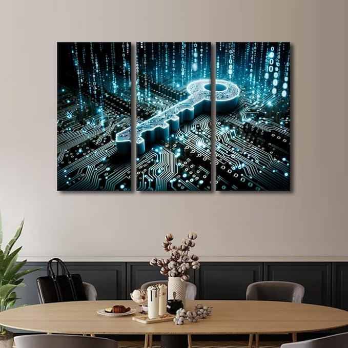 TUMOVO Wall Art for Living Room 3 Panel Key on Circuit Board Background with Binary Code Poster for Home Wall Decoration, Security Concept Posters and Prints, Ready to Hang, 60" Wx40 H