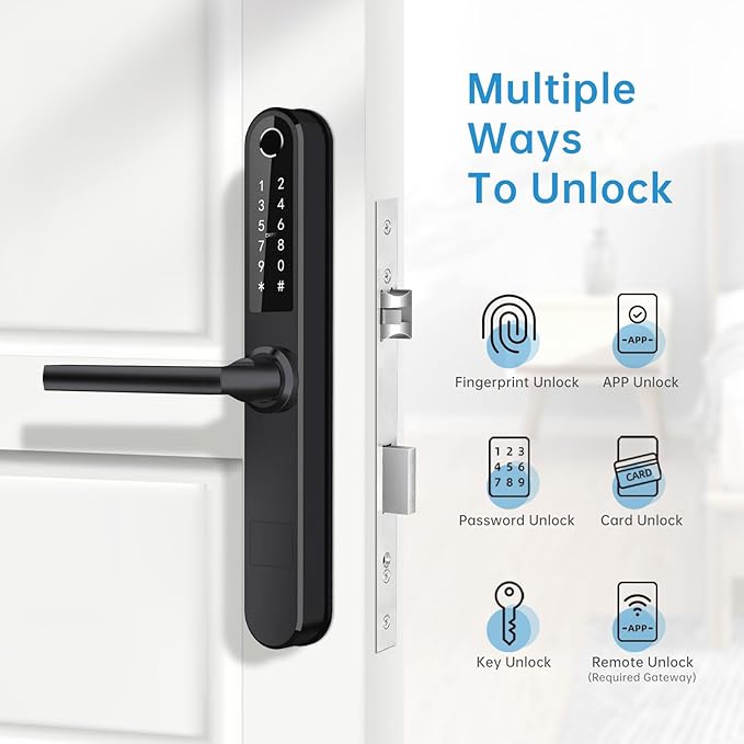 Luston Slim Smart Lock Front Door Stainless Steel Waterproof Mortise Lock,Keyless Entry Door Lock,WiFi Bluetooth Fingerprint Digital Keypad Aluminum Swing Door Lock with Handle(Black)