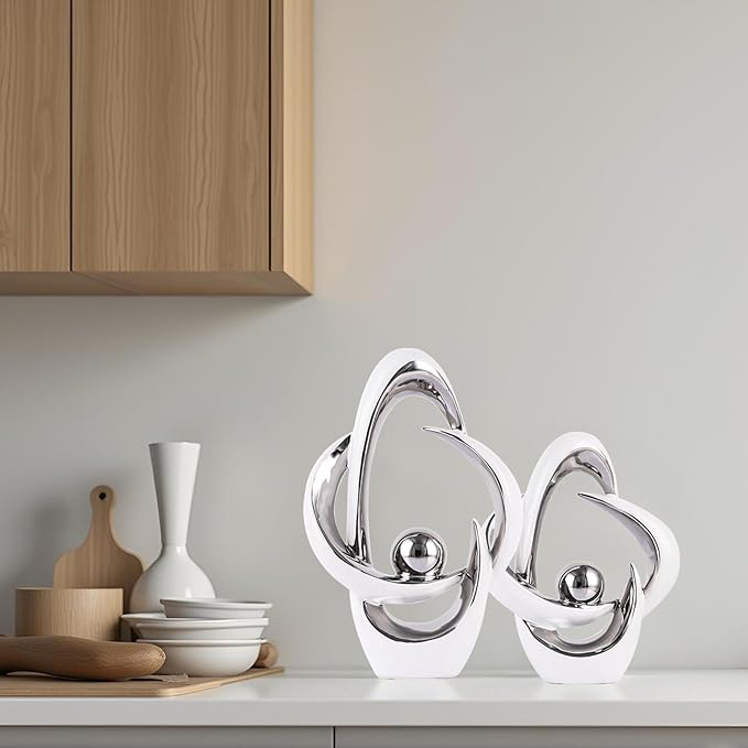 2PCS Home Decor Accent Ceramic Statue Abstract Sculptures Centerpieces Mid Century Modern Decor for Tables Coffee Table top Decorations for Living Room Desktop Shelf Dining Room Kitchen (White Silver)