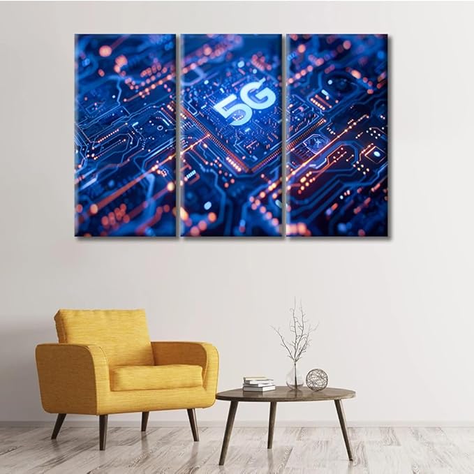 Canvas Wall Art Modern Chip Picture Paintings Artwork Prints Circuit Blue Neon Lights Framed Ready to Hang for Home Office Bedroom Living Room Bathroom Kitchen Wall Decor (42"Wx28"H)