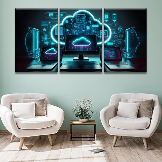 LSIUHWUWI 3 Panel Canvas Print Art Set Modern Cloud Technologies Neon Colors Cyber Space Posters Modern Wall Art for Bedroom Living Room Wall Decorative,Artwork, 16x24inchx3