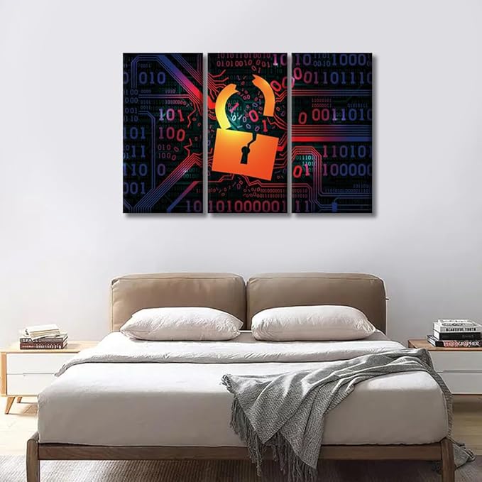 LSIUHWUWI 3 Panel Wall Art for Living Room, Hacking Firewall Hacked with Binary Code Picture Prints on Canvas for Living Room Bedroom Wall Decoration Wooden Framed Ready to Hang, 20x40inchx3