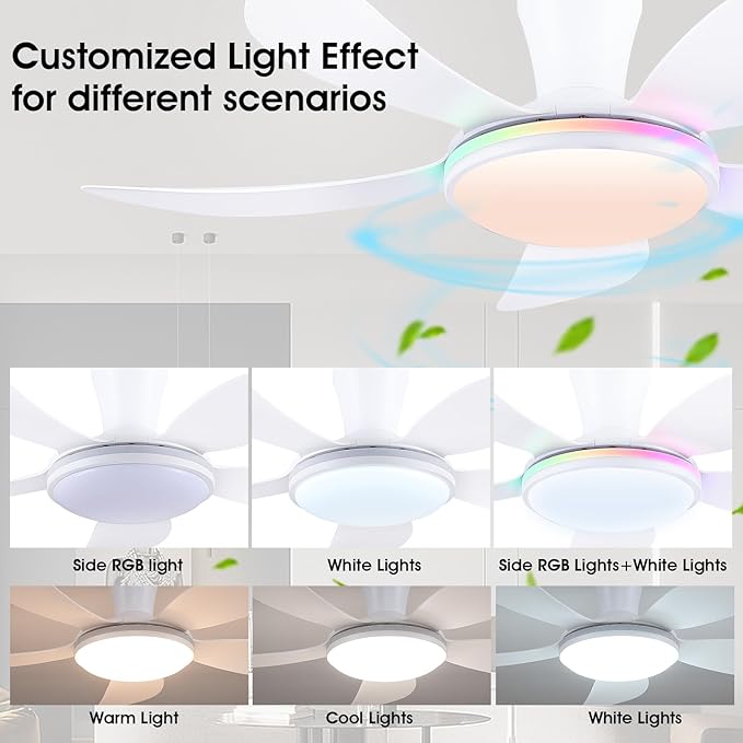 PHORUS RGB Ceiling Fans with Lights and Remote/APP,48" White Low Profile Ceiling Fans with Quiet Reversible DC Motor, Modern Flush Mount Fans Light with 3 Colors 6 Speeds