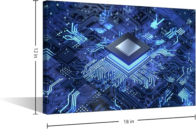 TUMOVO Office Wall Art Circuit Board Canvas Wall Art CPU Concept Contemporary Modern Artwork Computer Chip Pictures Wall Art for Living Room Bedroom House Decorations Framed Ready to Hang - 18x12in