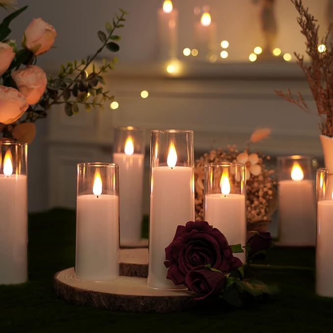 Amagic Magic Pure White Flameless Candles, Battery Operated Candles, Acrylic Flickering LED Pillar Candles with Remote Control and Timer, 3D Wick, Yellow and Blue Glow, D2.2 xH5.5 6.5" 7.5", Set of 9