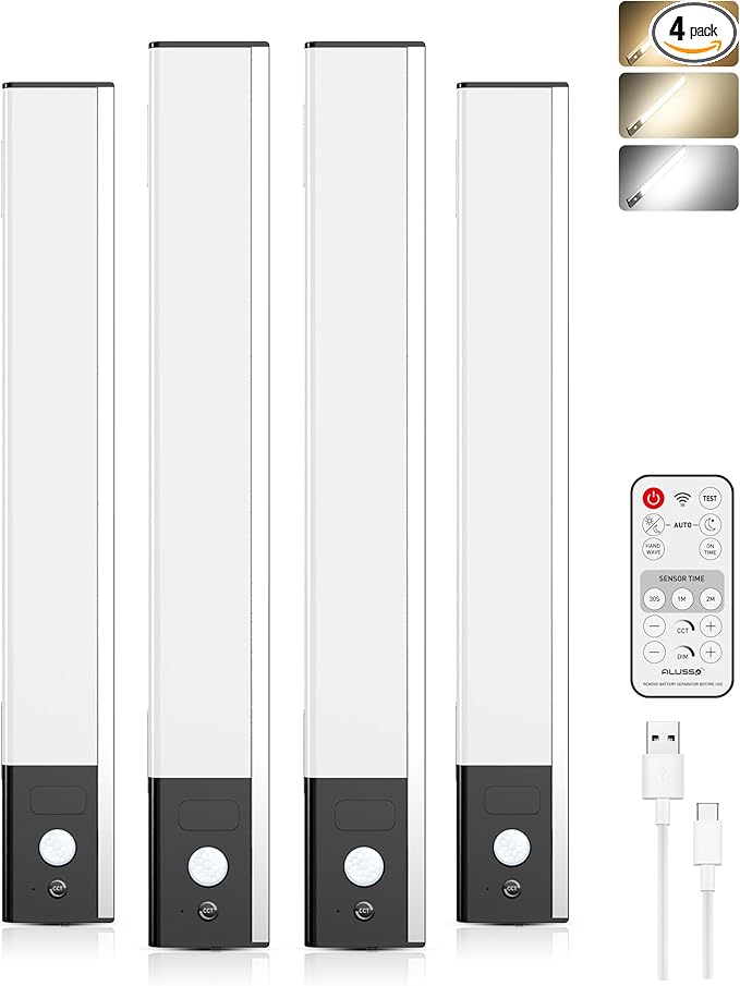 ALUSSO LIGHTING 80 LED Wireless Under Cabinet Lighting with Motion & Hand Wave Sensor, 3CCT Dimmable Magnetic Closet Lights, Rechargeable Battery Operated Under Counter Lights for Kitchen, 4 Pack