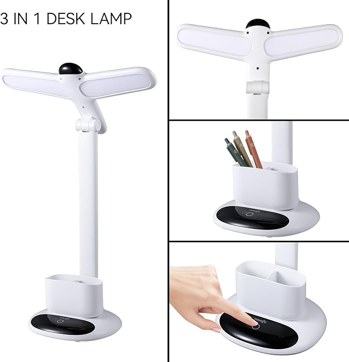 VAVOFO Eye-Caring Wireless Desk Lamp 6785 - Touch Control, 2700-7000K Color Temperature, 700 Lumens, Dual-Head Design, Pen Holder, USB-C Charging, 2400mAh Battery, 2.5hrs Wireless Use (White)