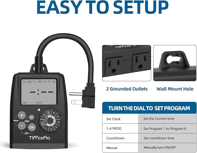 TiFFCOFiO Digital Outdoor Timer Outlet, Dial Programmable Method, Outdoor Light Timer Waterproof, 2 Grounded Electrical Outlets for Pool Pump, 6 Sets of Programs, 15A/1875W (1 Pack)