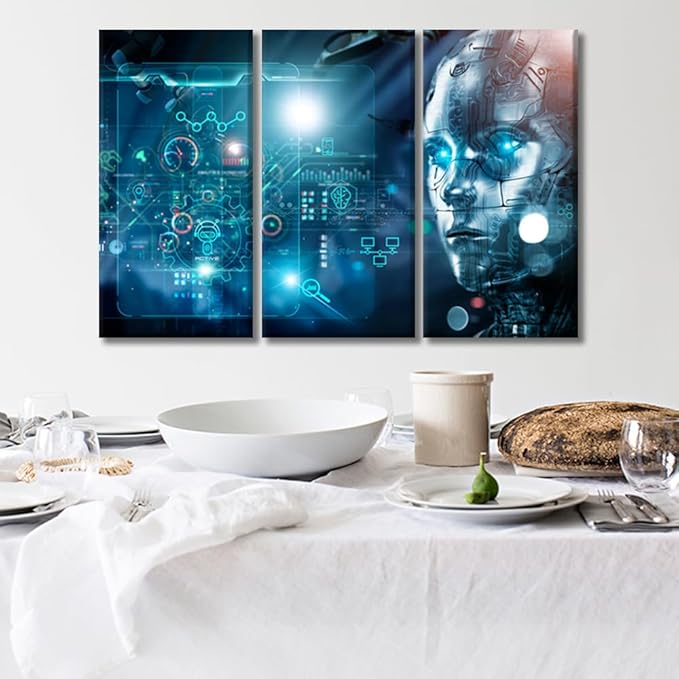 Bedroom Wall Art 3 Panels Machine Learning, Data Exchange, Deep Learning, Industry 4.0 Posters Print on Canvas Wall Decor for Living Room Bedroom, Stretched and Framed Ready to Hang, 20x40inchx3