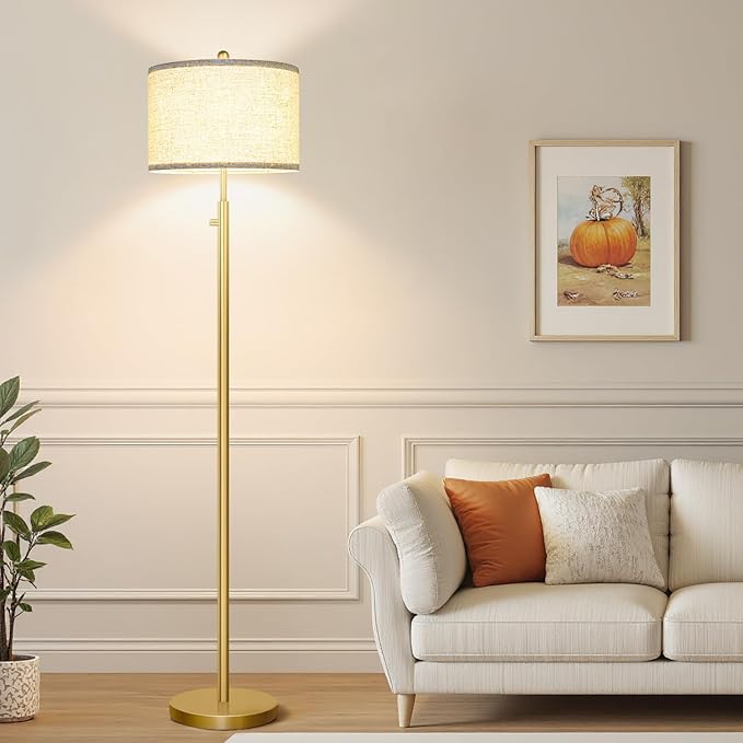 Nintiue 【Upgraded】 Dimmable Floor Lamp for Living Room, 11W LED Bulb Included, Modern Standing Lamp, Tall Pole Light with Linen Shade for Bedroom Reading Office Corner Nursery-Gold