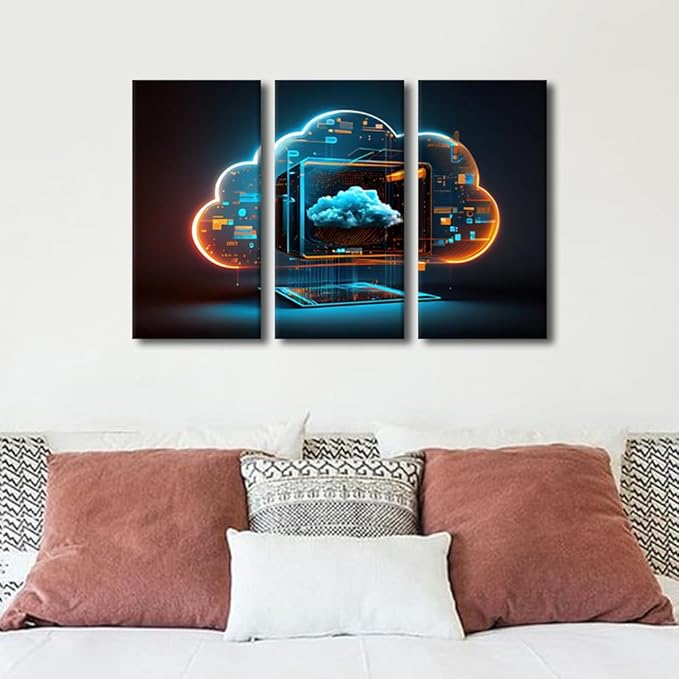 3 Panels Framed Wall Art Digital Informational Technology Wall Art Web Futuristic Hologram With Cloud Picture Prints on Canvas Artwork for Office Home Decorations Ready to Hang, 36" Wx24 H