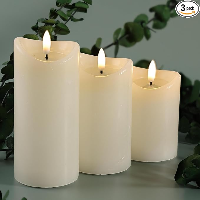 LumiPur Basics Flameless Flickering Wax Pillar LED Candles 2.75" x 4" 5" & 6" (3 Pack, Linen White)