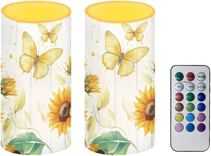 Butterfly Sunflower Flameless Candles 2 Pack 6 x 3 inch Battery Operated Candles with Multicolor Timer Remote Control LED Fake Candles for Warm Light Dinner Table Home Decor