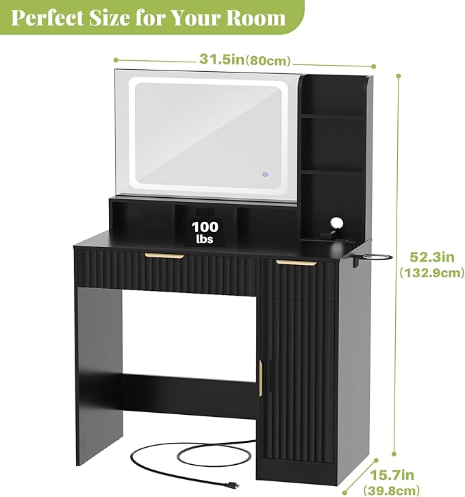 Cyclysio Fluted Vanity Desk with Mirror and Lights, Wood Makeup Vanity Desk with Power Strips, Modern Dressing Table with Drawers & Cabinet for Bedroom, Black