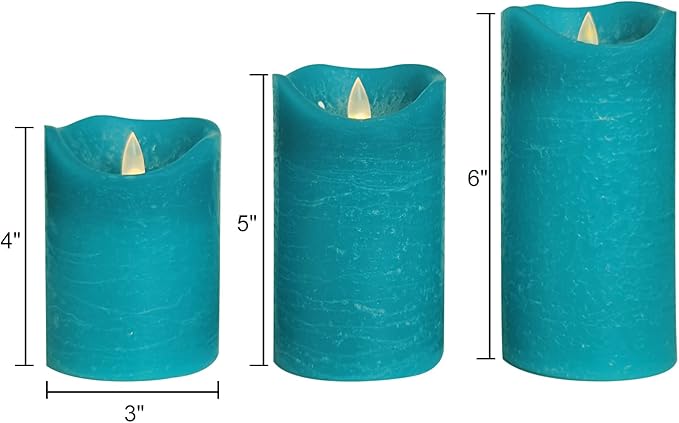 CANDLE CHOICE Battery Operated Flameless Candles with Timer Real Wax Realistic Flickering Electric LED Pillars Automatic Built-in Daily Cycle Timer 6-Hour on 18-Hour Off Set of 3 Rustic Texture Teal