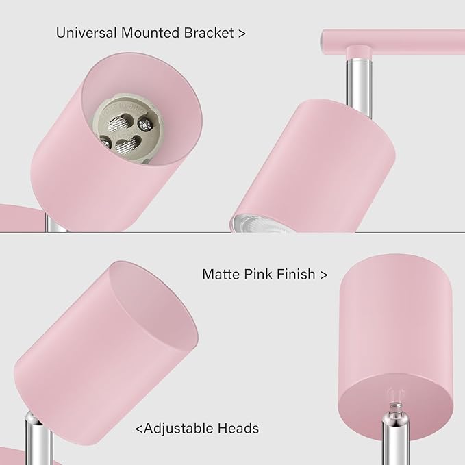 BoostArea LED 4 Light Track Lighting Kit, Pink 4 Way Ceiling Spot Lighting, Flexibly Rotatable Light Head for Kitchen, Living Room, Bedroom, Bulb Not Included