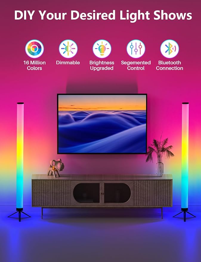 2 Pack RGB Floor Lamp, LED Corner Lamp Works with Alexa and Google, 360° Color Changing Lamp with Bluetooth APP, Remote Control, Music Sync, 16 Million DIY Colors & Timing for Living Room Gaming Room