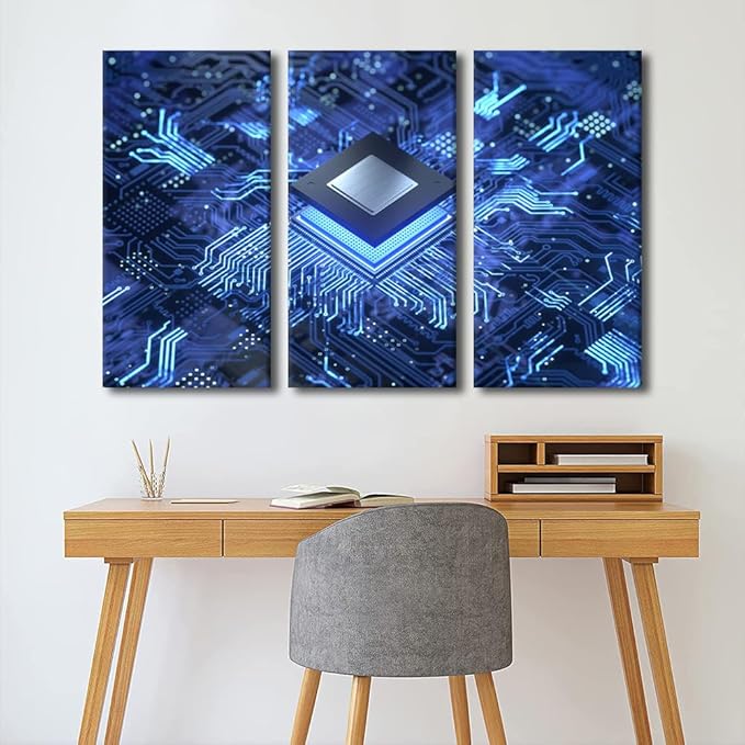 Circuit Board Pictures for Living Room Smart Chip Canvas Wall Art House Decor Computer Chip Modern Office Wall Decor Framed CPU Concept Large 3 Panel Wall Art for Home Bedroom Ready to Hang(40"Wx60"H)