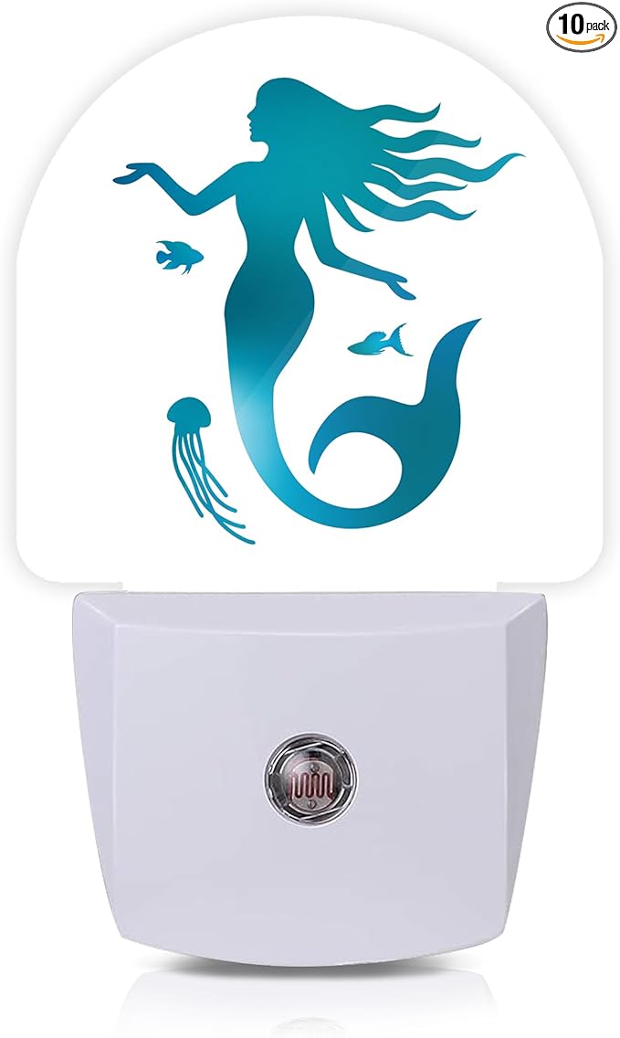 Green Mermaid Jellyfish Night Lights Plug into Wall for Girls Boys Room,Night Light LED Lamp Dusk to Dawn Sensor Round Lamp for Bedroom Bathroom Hallway Home Wall Decor