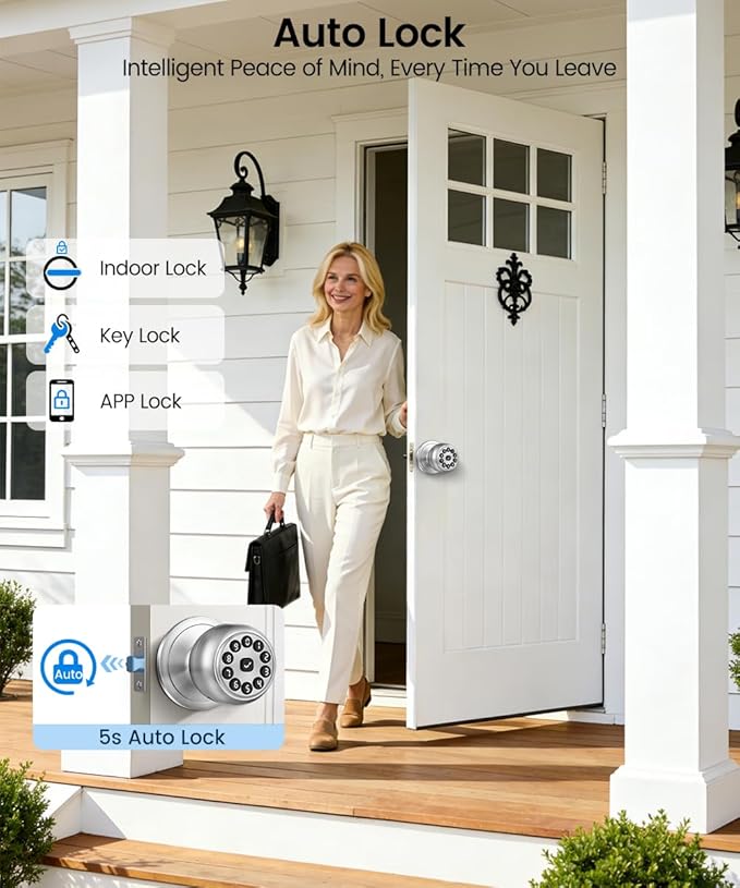 Fingerprint Door Lock, Smart Fingerprint Door Knob with Lock, Biometric Door knob with App Control & Key, Keyless Thumbprint Entry Door Lock for Bedroom, Front Door, Home, Apartment-Polished Silver