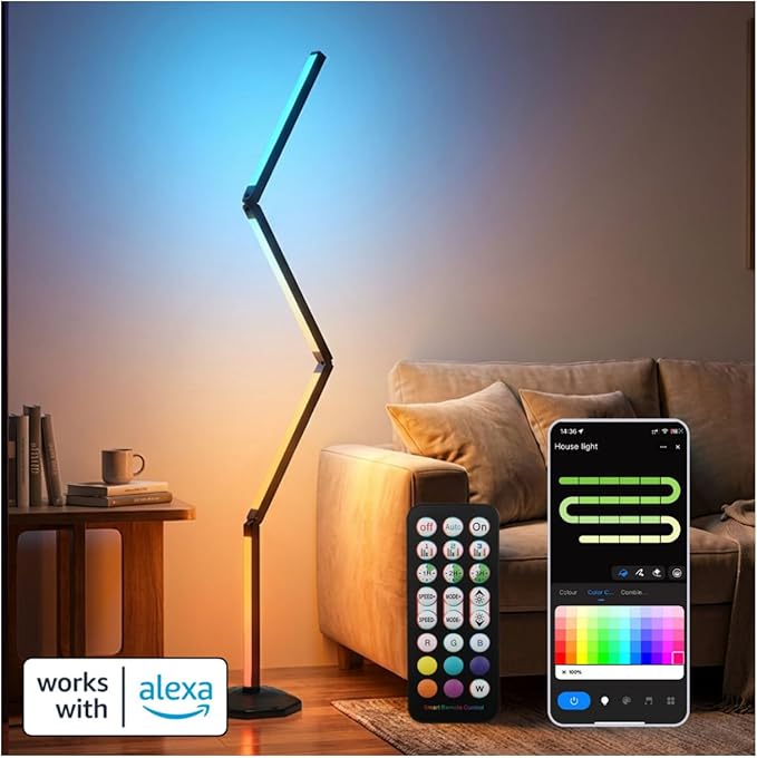LED RGB Corner Floor Lamp Foldable Floor Light 2200K-6500K Tunable White with 16 Million Custom Colors Remote/App,Timer Setting (RGB Foldable Floor Lamp with Alexa Voice Control)
