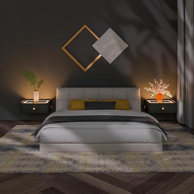 HOMEMORE Floating Nightstand with Charging Station Bedside Table LED Smart Bedside Table Wall Mounted Nightstand Black