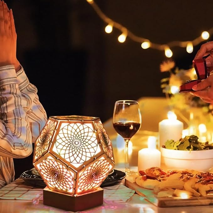 Starlight Projector Lamp,Boho Ambient Lighting Infinity Dodecahedron Art Night Light, Wooden Colorful LED Lights for Bedroom Vintage Room Decor Aesthetic Unique Gifts (Pentagonal)