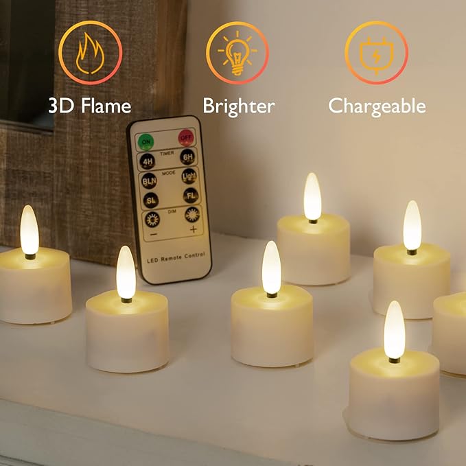 Homemory Flameless Rechargeable Tea Lights with Remote Timer - LED Tea Lights Battery Operated, Realistic Flickering for Home Holiday Decor, Wedding Table Centerpieces, 12-Pack (Φ 1-1/2''×H 2-1/3'')
