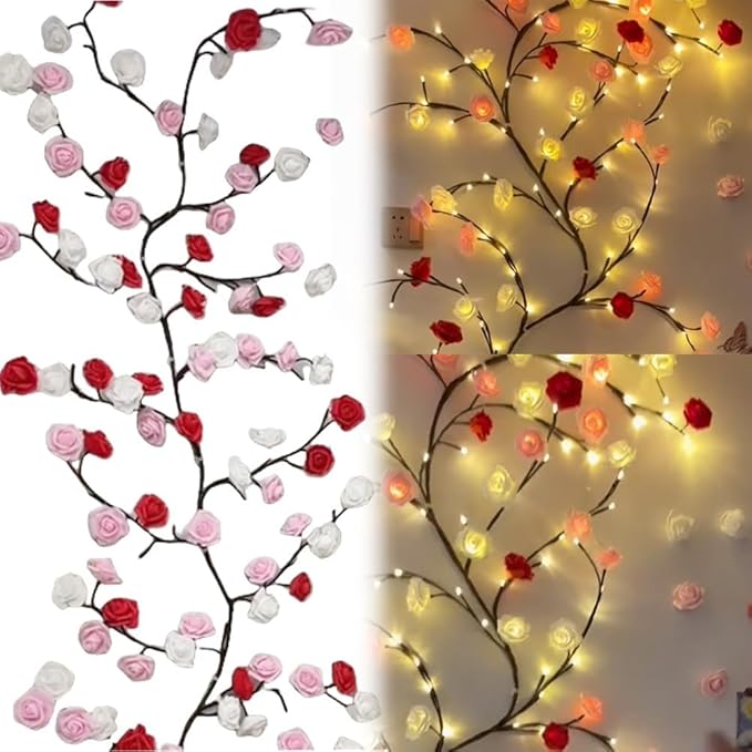 Rose LED Tree Branch Lights for Wall, Rose Flower Willow Vine Twig Decor Garland with 48 LED Lights and Remote,8 Lighting Modes,Christmas Decorations Indoor for Home Wall Door Window (47inch)