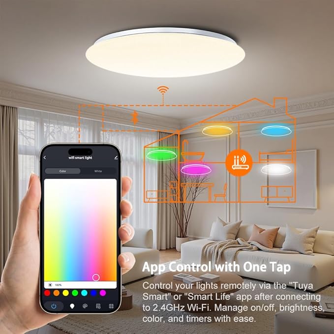 1-Pack, 19 inch Smart LED Music Ceiling Light with Bluetooth Speaker, Compatible with Alexa & Google Home, Color Changing RGB Dimmable Light for Living Room, Bedroom, Kitchen