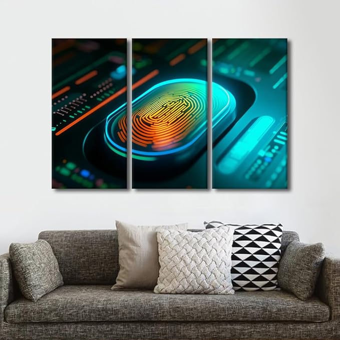 Modern Wall Art 3 Panel Concept of Cybersecurity and Data Protection Print on Canvas Wall Decoration, Stretched Framed Cybersecurity Artwork Gallery-Wrapped Ready to Hang, 60" Wx40 H