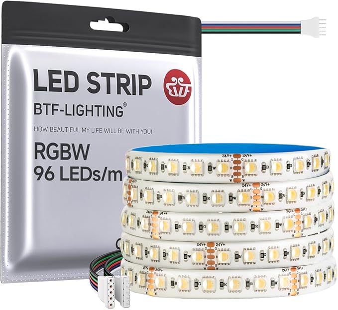BTF-LIGHTING 5050 RGBW RGB+Warm White(2700K-3000K) 4 Colors in 1 LED 5m 16.4ft 96LED/m DC24V Multi-Colored LED Tape Lights IP65 Waterproof White 12mm PCB for Home Decoration(No Adapter or Controller)
